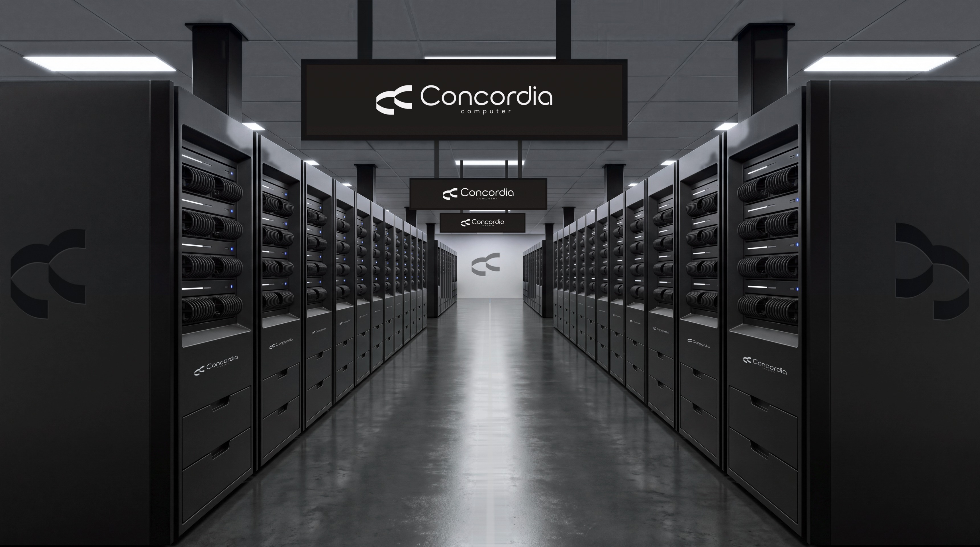Photoreal render of a Concordia data-hall aisle with hanging Concordia signage