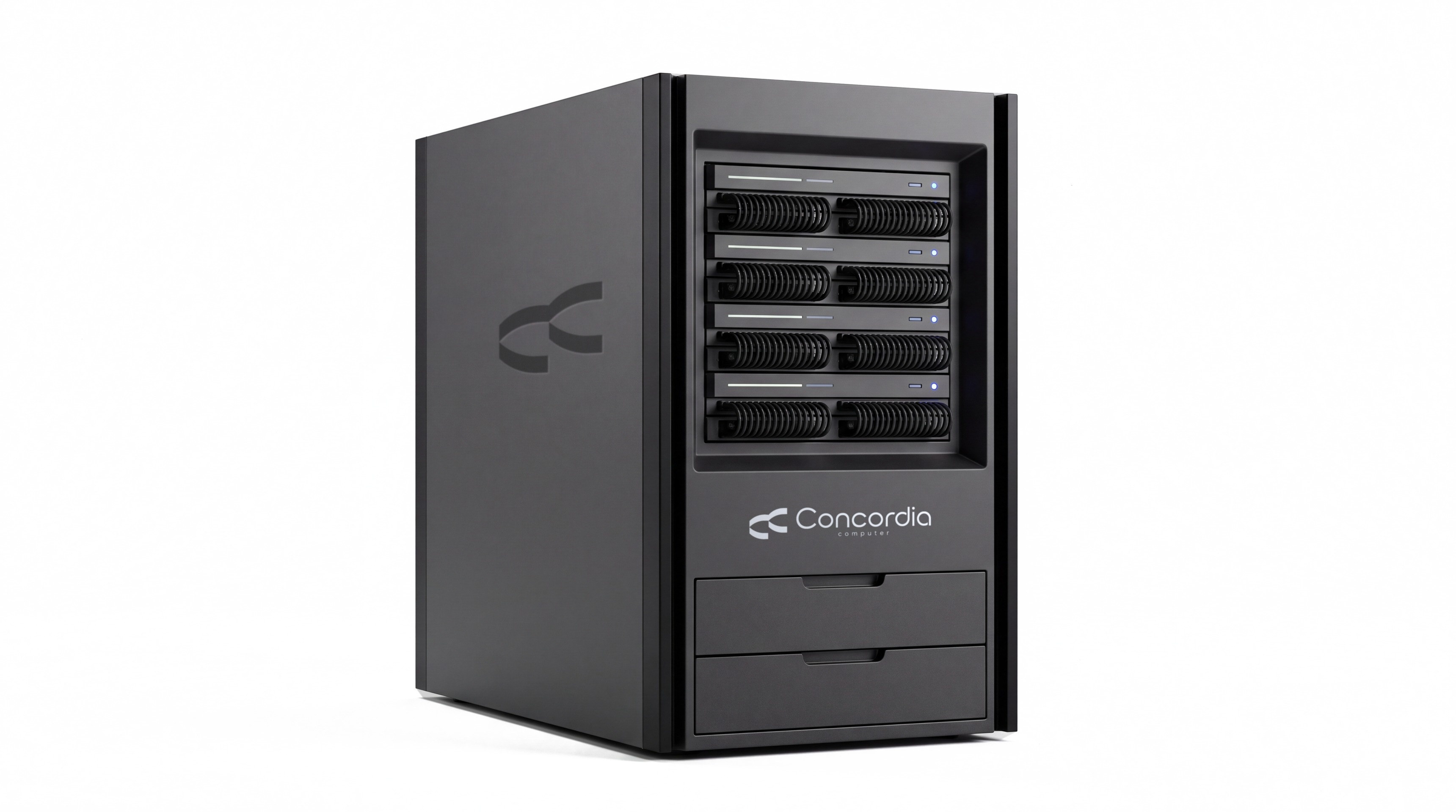 Photoreal render of the Concordia Nx server tower with the Concordia badge